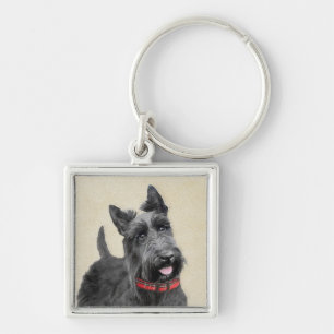 Scottish Terrier Painting - Cute Original Hund Art Fyrkantig Silverfärgad Nyckelring