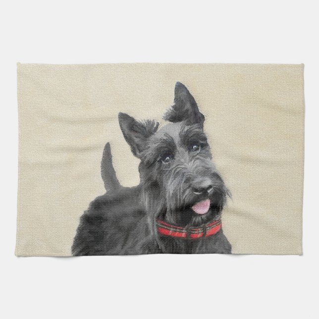 Scottish Terrier Painting - Cute Original Hund Art Kökshandduk (Horisontell)