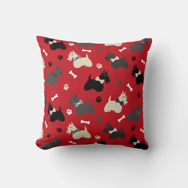 Scottish Terrier Paws and Bones Red Throw Pillow Kudde (Framsida)