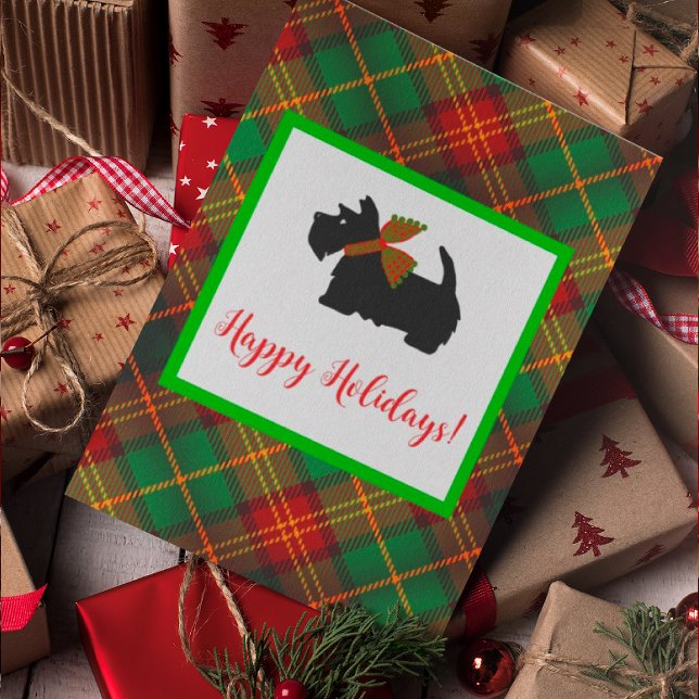 Scottish Terrier Play Julhälsningar kort (Jaunty Scottie dog is the star of this holiday card! You can personalize.)