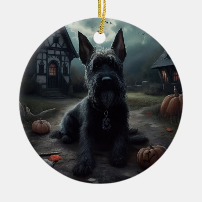 Scottish Terrier Pumpkins Halloween Scary Julgransprydnad Keramik (Framsidan)