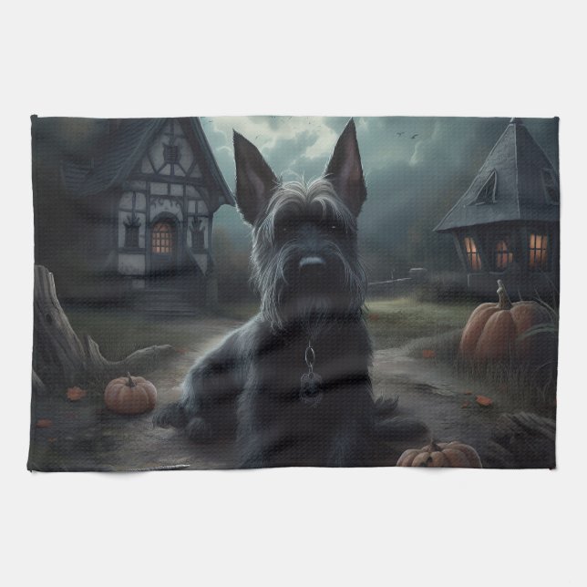 Scottish Terrier Pumpkins Halloween Scary Kökshandduk (Horisontell)