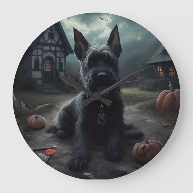 Scottish Terrier Pumpkins Halloween Scary Stor Klocka (Framsida)