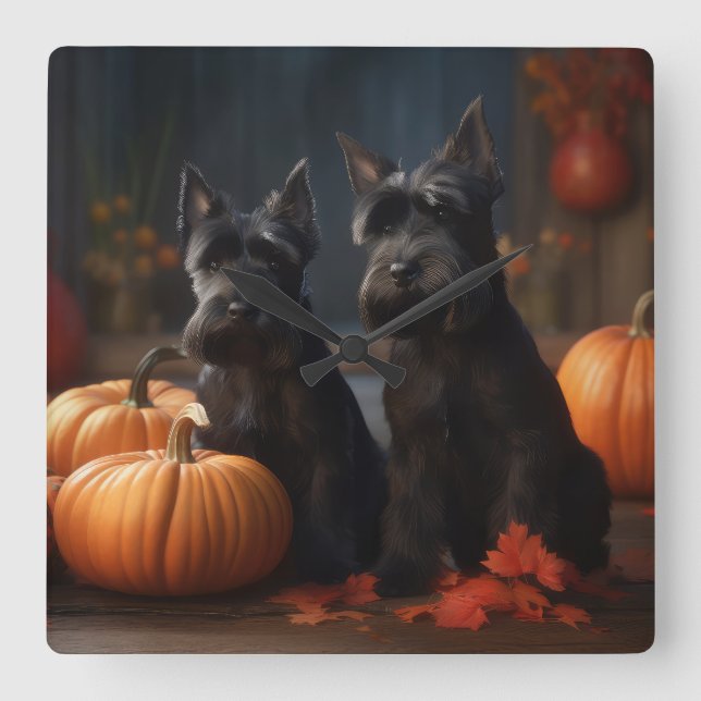 Scottish Terrier Puppy Autumn Delight Pumpkin Fyrkantig Klocka (Framsida)