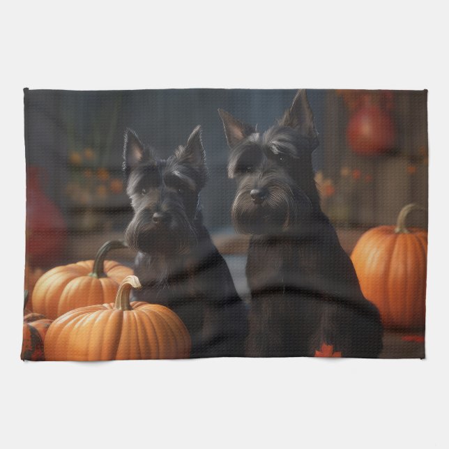Scottish Terrier Puppy Autumn Delight Pumpkin Kökshandduk (Horisontell)