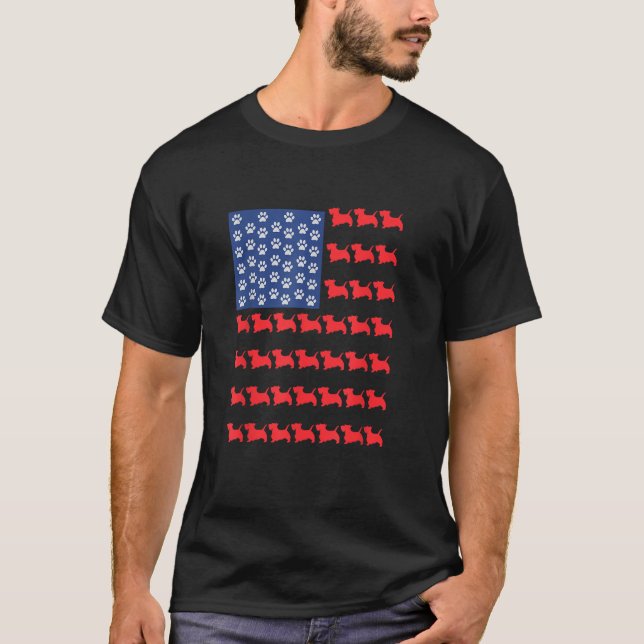 Scottish Terrier Scottie American Flagga 4:e juli T Shirt (Framsida)