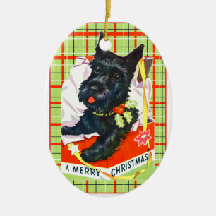 Scottish Terrier Scottie Hund med gåva och betalt Julgransprydnad Keramik