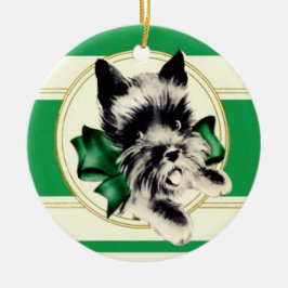 Scottish Terrier Scottie Hund med grönt båge Julgransprydnad Keramik