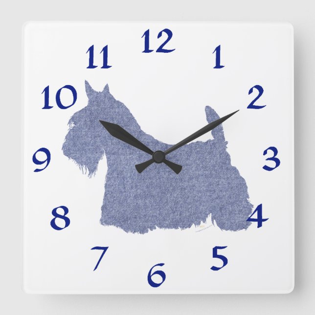 Scottish Terrier Silhouette i Denim Fyrkantig Klocka (Framsida)