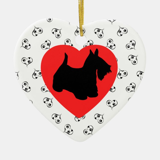Scottish Terrier Silhouette med Hearts Julgransprydnad Keramik (Framsidan)
