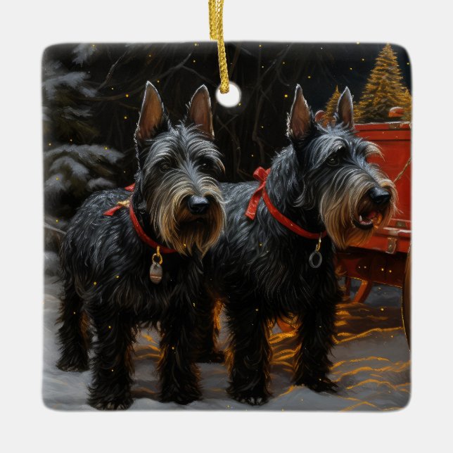 Scottish Terrier Snowy Sleigh juldeeller Julgransprydnad Keramik (Framsida)