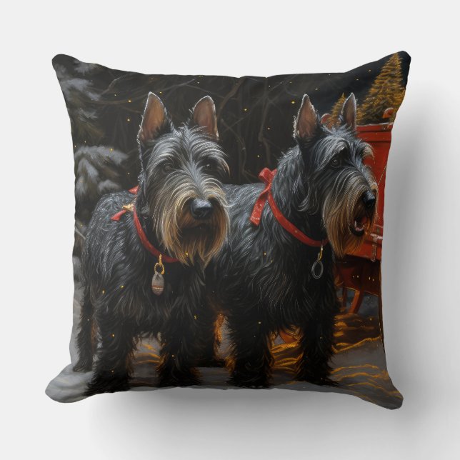 Scottish Terrier Snowy Sleigh juldeeller Kudde (Framsida)