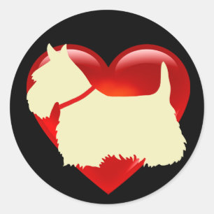 Scottish Terrier svart/vitt rött hjärta/collar Runt Klistermärke