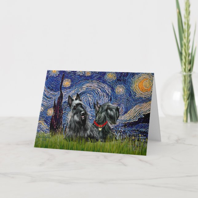 Scottish Terrier (två svarta) - Starry Natt Kort (Framsida)
