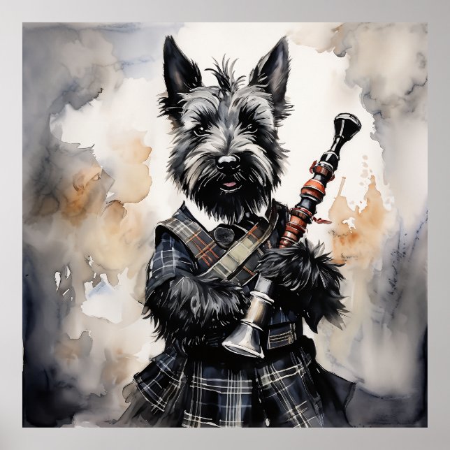 Scottish Terrier, uppspelning i Bagpipe i Kilt Blä Poster (Framsidan)