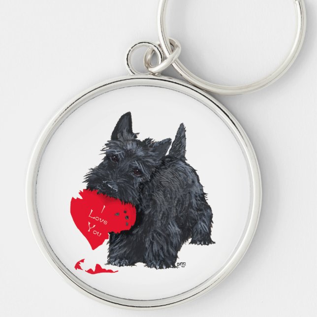 Scottish Terrier Valentine Rund Silverfärgad Nyckelring (Framsidan)