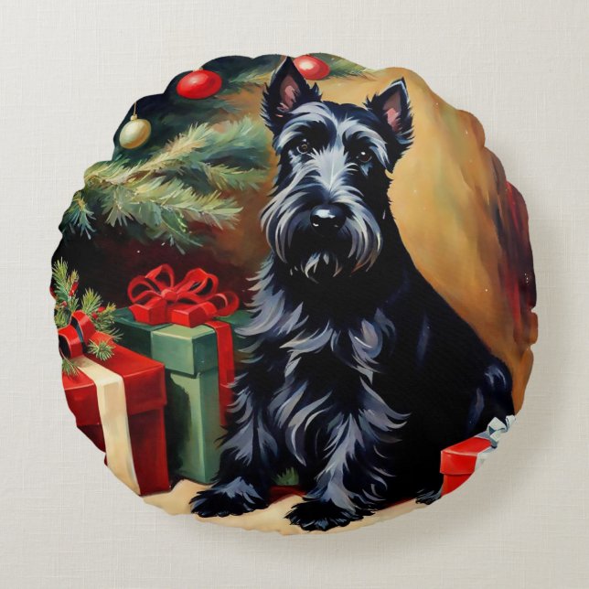 Scottish Terrier vid jul Rund Kudde (Framsidan)