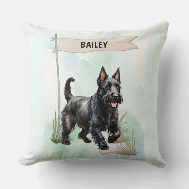 Scottish Terrier Watercolor Personalized Dog Kudde (Framsida)