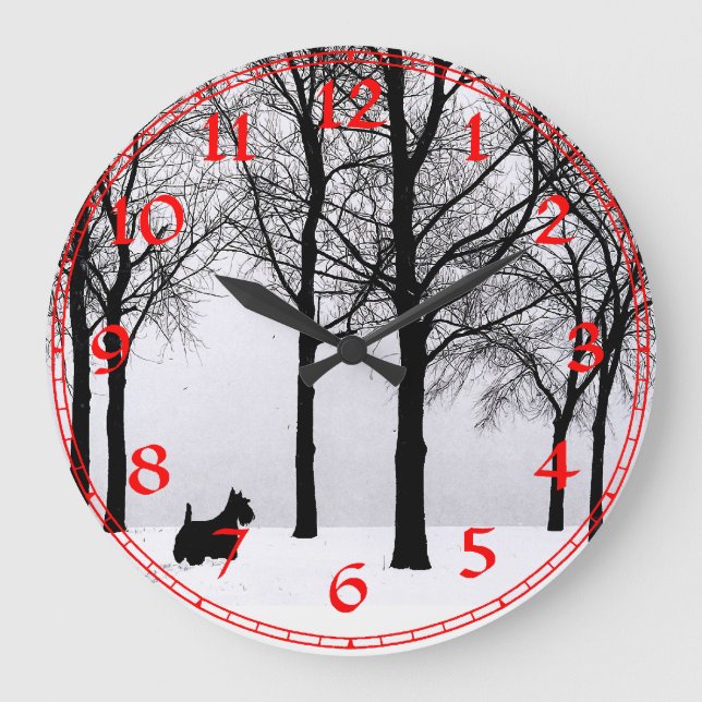 Scottish Terrier Winter Clock Stor Klocka (Framsida)