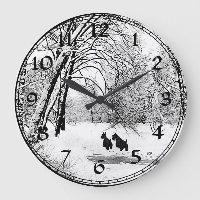 Scottish Terrier Winter Snö Clock Stor Klocka (Framsida)