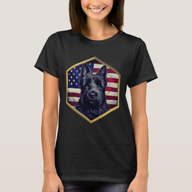 Scottish Terrier With American Flag Gold Frame T Shirt (Framsida)
