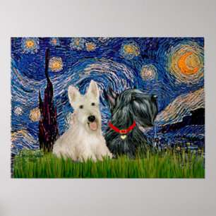 Scottish Terriers (2-BW) - Starry Night Poster