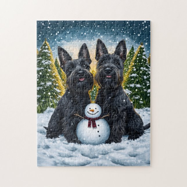 Scottish Terriers and Winter Snögubbe Pussel (Vertikal)