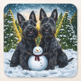 Scottish Terriers and Winter Snögubbe Underlägg Papper Kvadrat