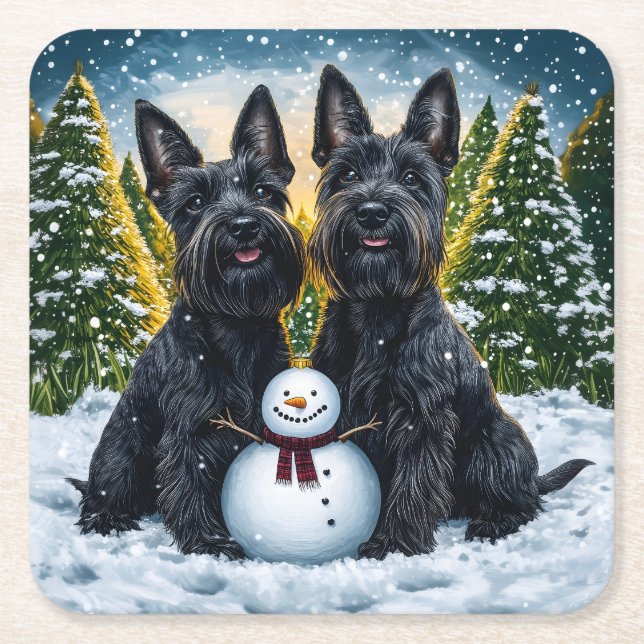 Scottish Terriers and Winter Snögubbe Underlägg Papper Kvadrat (Framsidan)