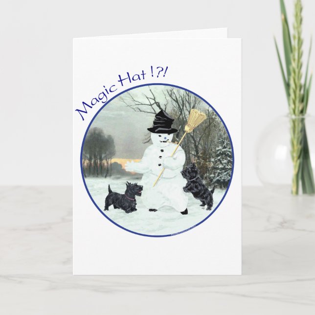 Scottish Terriers Bygger Snögubbe Helgkort (Framsida)