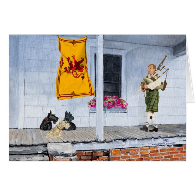 Scottish Terriers med Bagpiper Hälsningskort (Framsidan Horizontal)