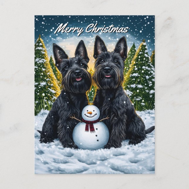 Scottish Terriers och Snögubbe jul Helg Vykort (Framsida)