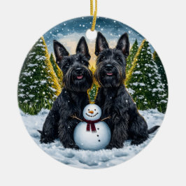 Scottish Terriers och Snögubbe jul Julgransprydnad Keramik