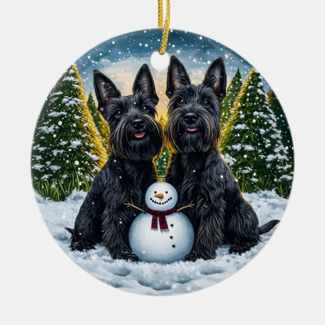 Scottish Terriers och Snögubbe jul Julgransprydnad Keramik (Framsidan)