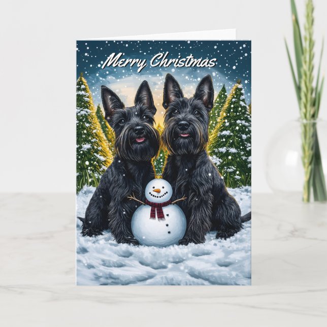 Scottish Terriers och Snögubbe jul Kort (Framsida)