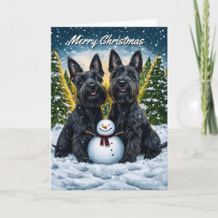 Scottish Terriers och Snögubbe jul Kort