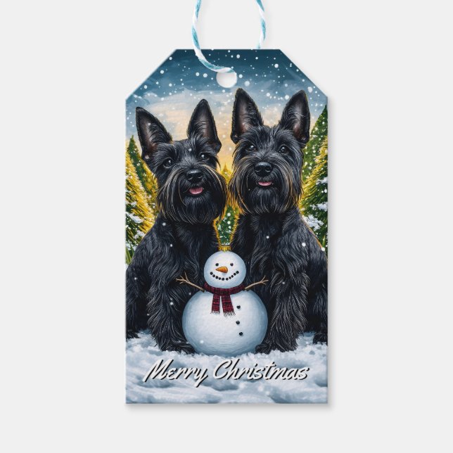 Scottish Terriers och Snögubbe jul Presentetikett (Framsidan)