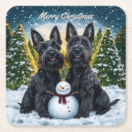 Scottish Terriers och Snögubbe jul Underlägg Papper Kvadrat