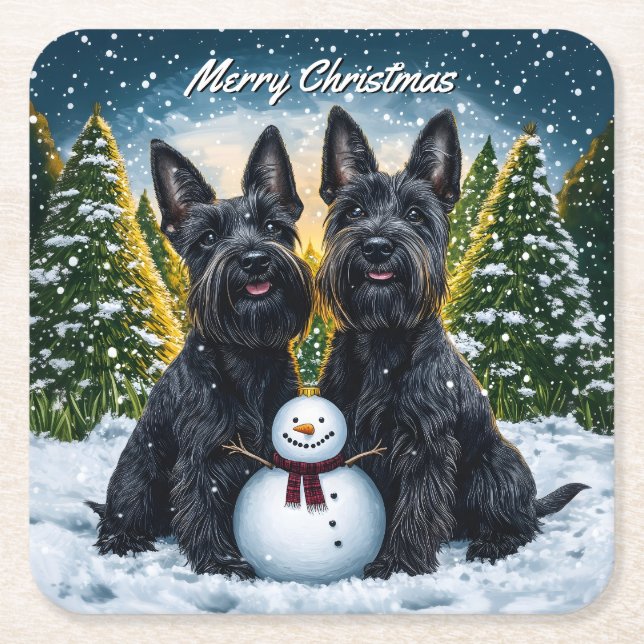 Scottish Terriers och Snögubbe jul Underlägg Papper Kvadrat (Framsidan)