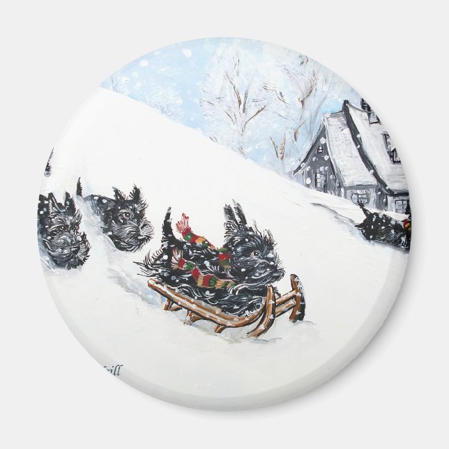 Scottish Terriers Sledding Magnet (Framsidan)