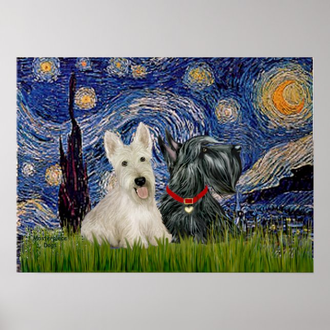 Scottish Terriers (två-BW) - Stjärnklar natt Poster (Framsidan)