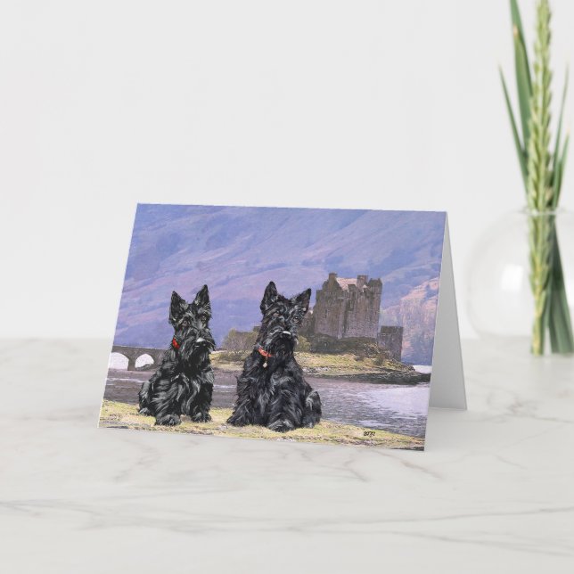 Scottish Terriers vid Eilean Donan Castle Kort (Framsida)