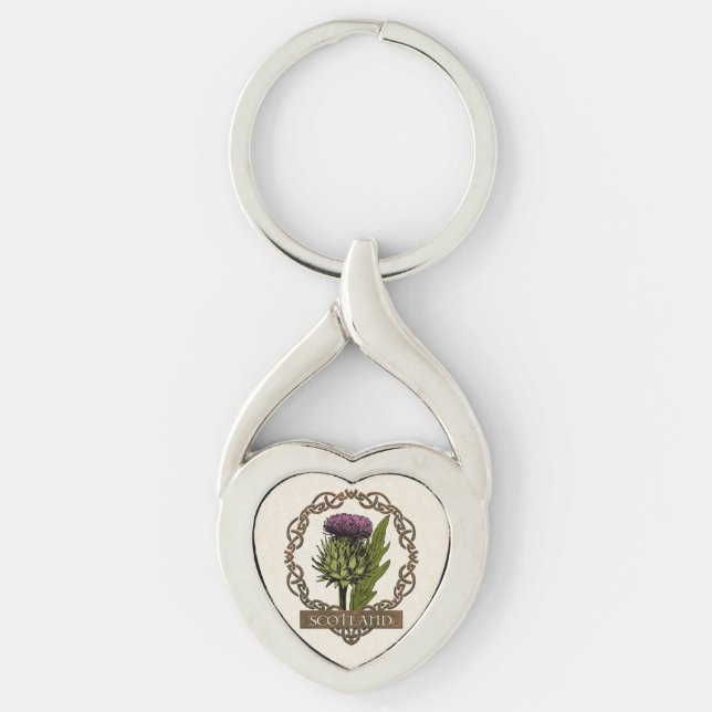 Scottish Thistle Celtic Knots Twisted Heart Silverfärgad Nyckelring (Framsidan)