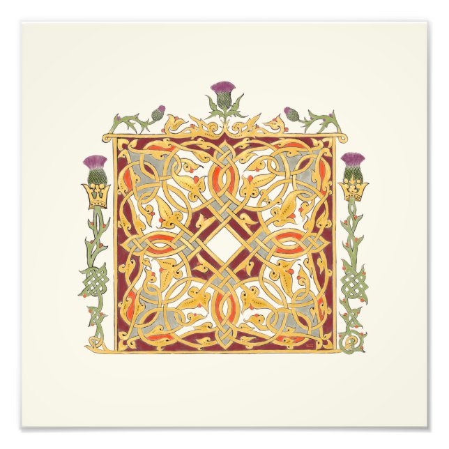 Scottish Thistle och Krona Red & Guld Celtic Knot Fototryck (Framsidan)