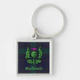 Scottish Thistle på Mörk Tartan Custom Name Fyrkantig Silverfärgad Nyckelring