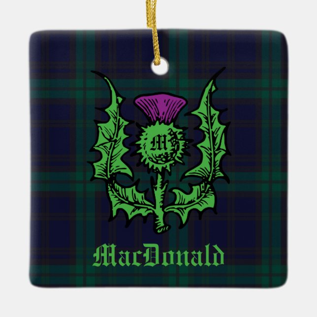 Scottish Thistle på Mörk Tartan Custom Name Julgransprydnad Keramik (Framsida)