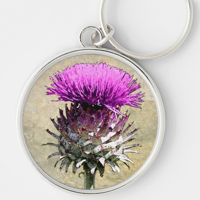 Scottish Thistle Rund Silverfärgad Nyckelring (Framsidan)