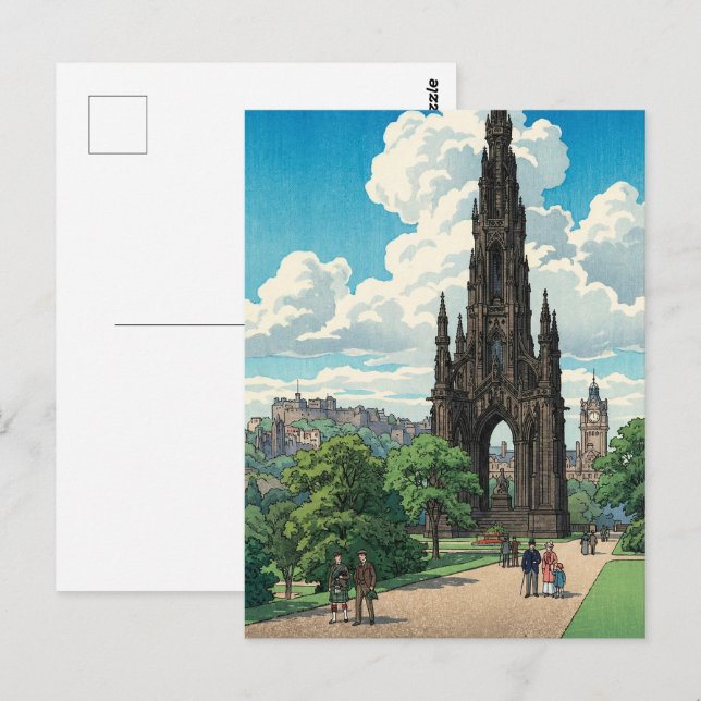 Scottmonumentet i Edinburgh Japansk Träblockstryck Vykort (Fram/baksida)