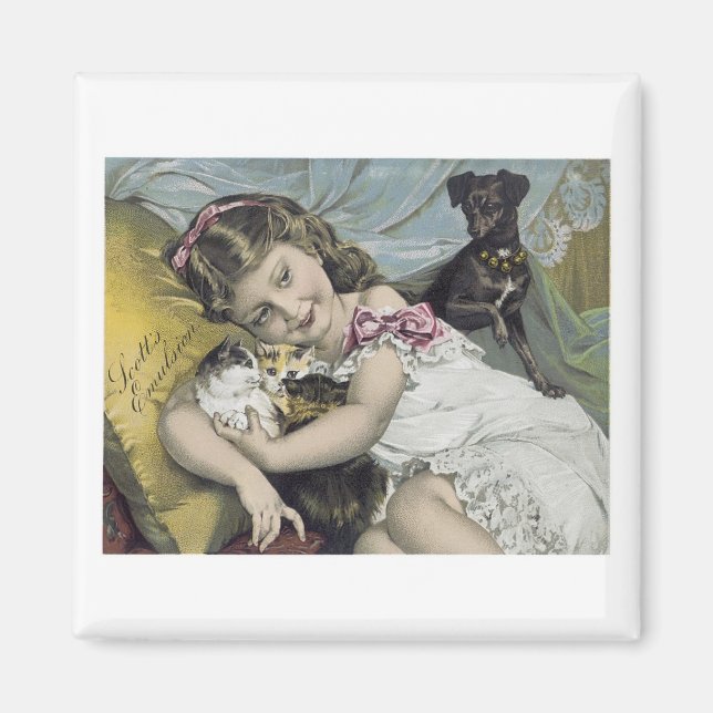 Scott's Emulsion Girl med katter och Hund Magnet (Framsidan)