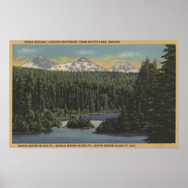 Scotts Sjö, Oregon - View of Three Sisters Poster (Framsidan)